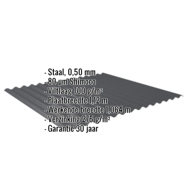 Golfplaat 18/1064 antracietgrijs met ingebedde specificaties voor materiaal, dikte, coating en garantie