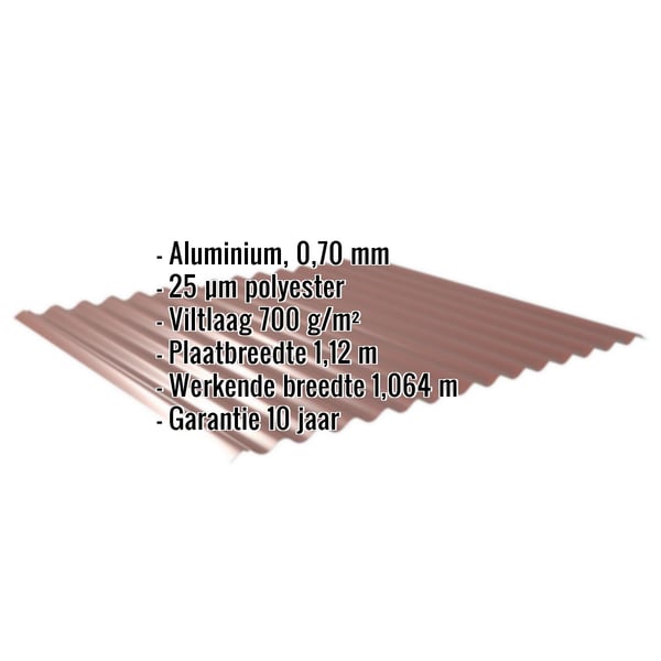 Golfplaat 18/1064 aluminium 0,70 mm roodbruin, kerngegevens zoals materiaal, coating en garantie getoond