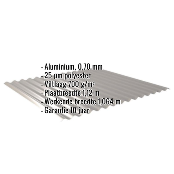 Golfplaat 18/1064 aluminium 0,70 mm, grijs, met ingebouwde gegevens over materiaal, coating en afmetingen
