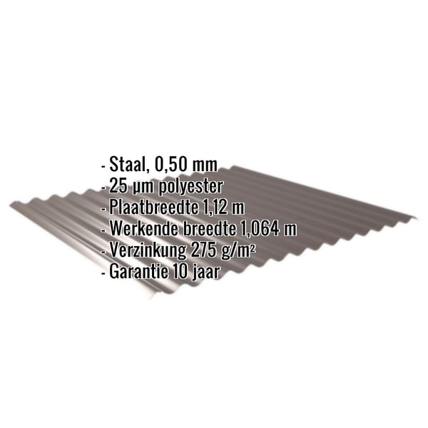 Golfplaat 18/1064 Sepiabruin, 0,50 mm staal, met ingebedde specificaties als infografiek