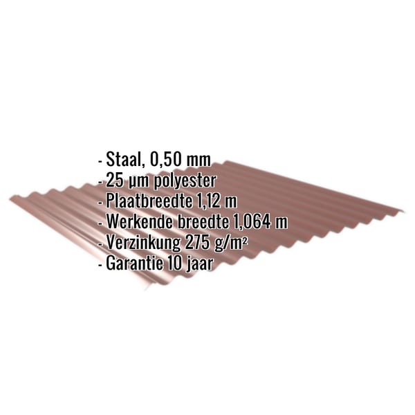 Golfplaat 18/1064 Roodbruin (RAL 8012) met ingebedde gegevens over materiaal, dikte en coating