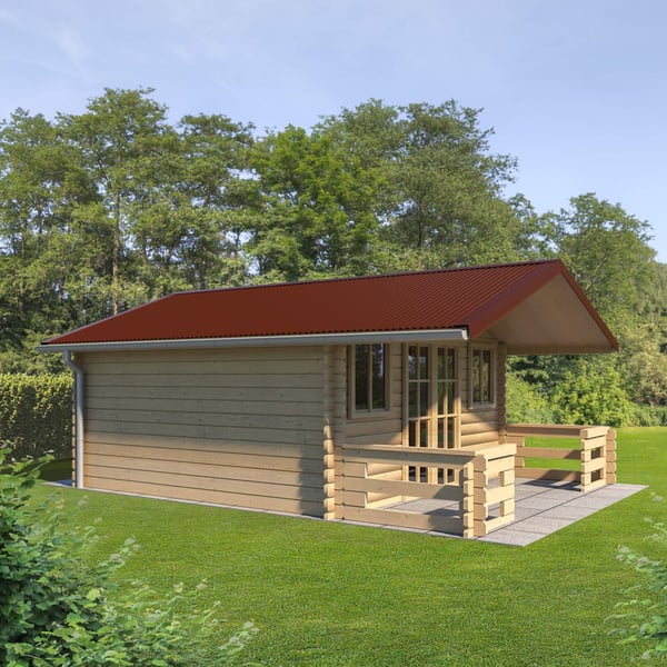 Golfplaat 18/1064 Roodbruin (RAL 8012) op het dak van een tuinhuis, toepassingsvoorbeeld