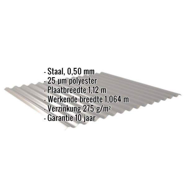 Golfplaat 18/1064, grijs aluminiumkleurig, met ingebedde productgegevens over materiaal, dikte en coating