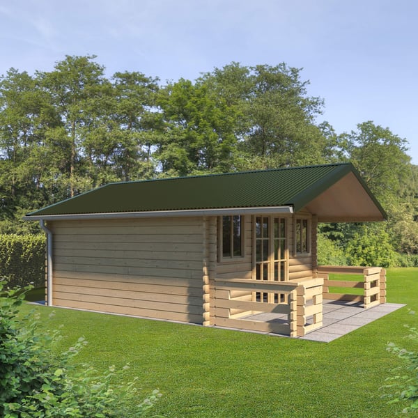 Golfplaat 18/1064 Chroomoxydegroen op het dak van een klein houten huis met veranda in het groen