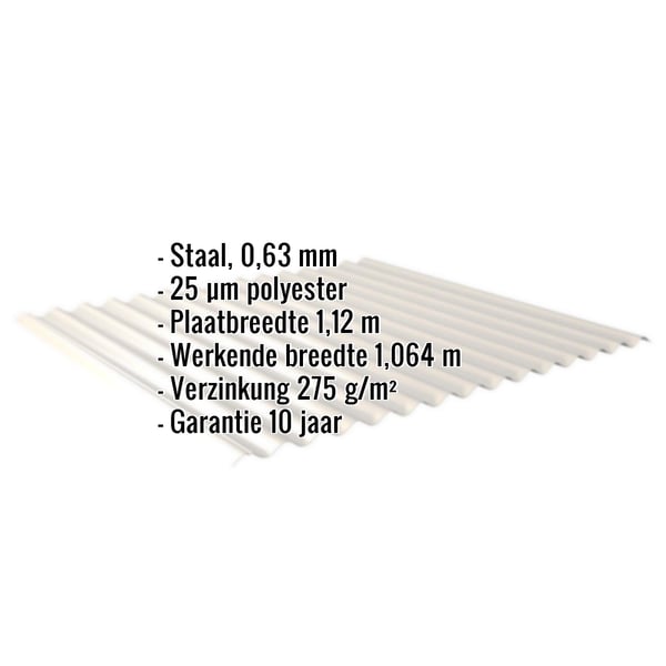 Golfplaat 18/1064 Grijswit, 0,63 mm staal, met ingebedde specificaties