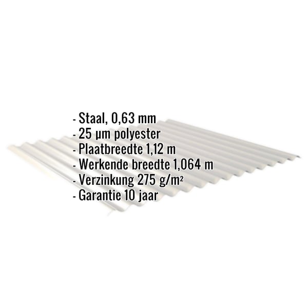Golfplaat 18/1064, Zilver-Metallic, met ingebedde technische gegevens zoals materiaal, dikte en garantie