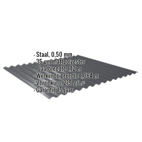Golfplaat 18/1064, donkergrijs, met ingebedde specificaties voor materiaal, dikte en coating
