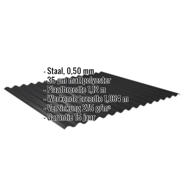 Golfplaat 18/1064 zwart mat, 0,50 mm staal, met ingebedde technische gegevens