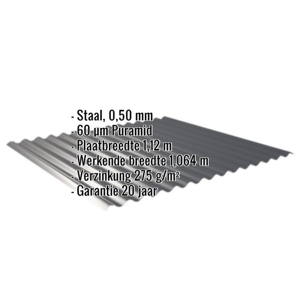 Golfplaat 18/1064 antracietgrijs met ingebedde specificaties voor materiaal, dikte en coating