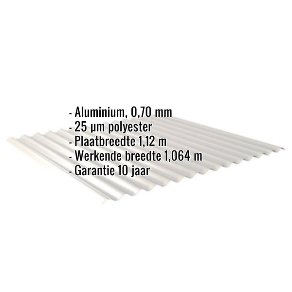 Golfplaat aluminium 0,70 mm Zilver-Metallic met ingebedde specificaties voor materiaal, coating en breedte