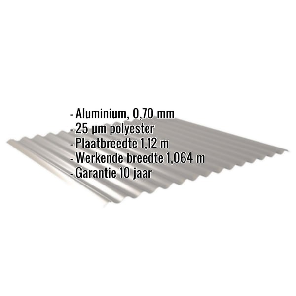 Golfplaat 18/1064 aluminium, 0,70 mm, RAL9007, met ingebedde productgegevens