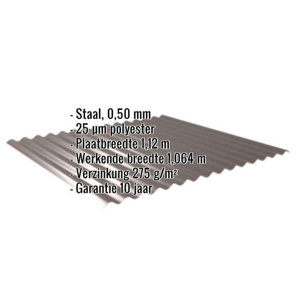 Golfplaat 18/1064 Sepiabruin (RAL 8014) met ingebedde specificaties voor materiaal, dikte en garantie