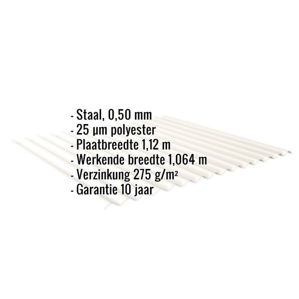 Golfplaat 18/1064, zuiverwit, met ingebedde gegevens over materiaal, dikte en coating