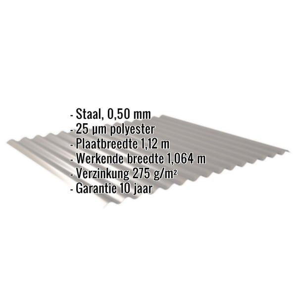 Golfplaat 18/1064, staal 0,50 mm, 25 µm polyester, grijs aluminiumkleurig, met ingebedde productgegevens