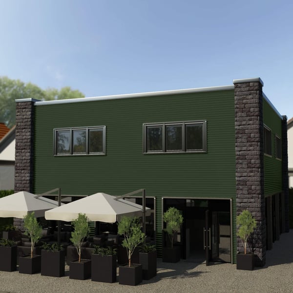 Gebouwgevel met golfplaat 18/1064 in Chroomoxydegroen als wandbekleding, toepassingsvoorbeeld