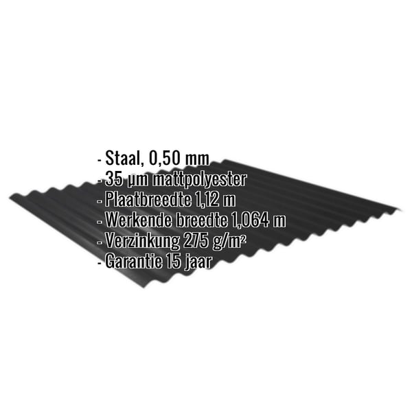 Golfplaat 18/1064, zwart, met ingebedde technische gegevens zoals materiaal, dikte en coating