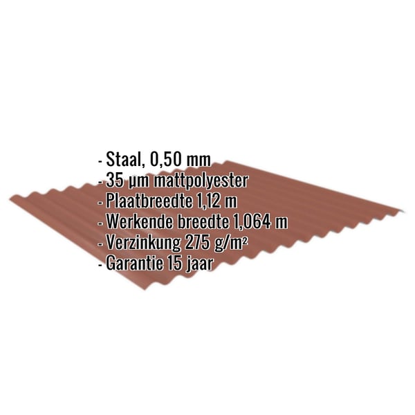 Golfplaat 18/1064 Terracotta, 0,50 mm staal, met ingebouwde technische gegevens en garantie-informatie