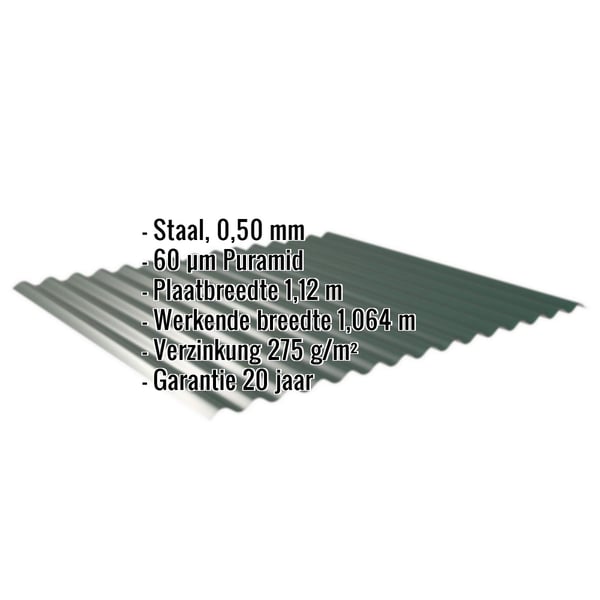 Golfplaat 18/1064 mosgroen met ingebedde specificaties voor materiaal, dikte, coating en afmetingen