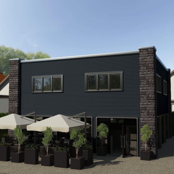 Golfplaat 18/1064 Antracietgrijs RAL 7016 als gevelbekleding op modern gebouw met terras