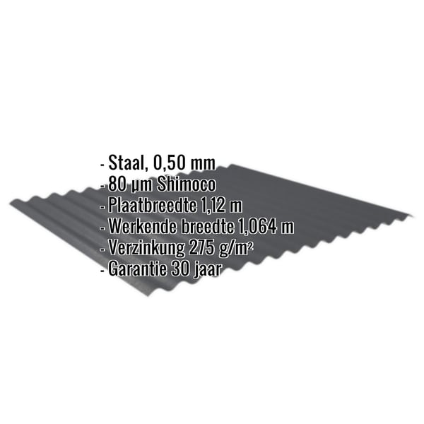 Golfplaat 18/1064, Antracietgrijs RAL 7016, met ingebedde gegevens zoals materiaal, dikte en coating