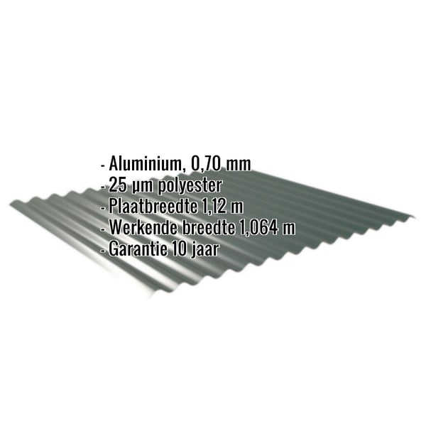 Golfplaat aluminium 0,70 mm mosgroen met ingebouwde gegevens over materiaal, coating en breedte
