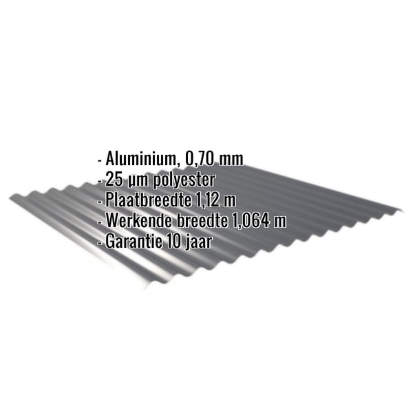 Golfplaat 18/1064 aluminium 0,70 mm antracietgrijs, infografiek met specificaties en garantie