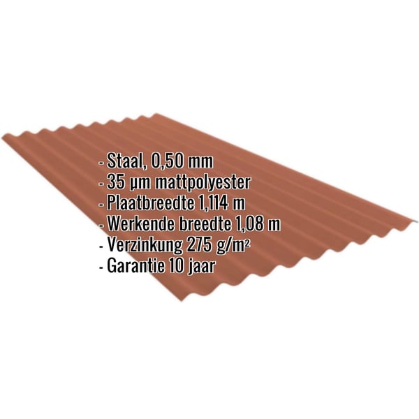 Golfplaat PF25W Terracotta, 0,50 mm staal, met ingebedde specificaties voor materiaal en afmetingen