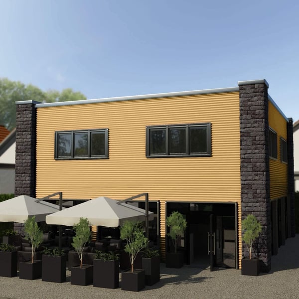Gebouw met golfplaat PF25W Zandgeel als wandbekleding