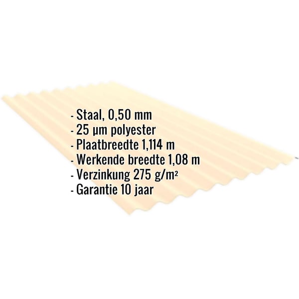 Golfplaat PF25W licht ivoorkleurig, 0,50 mm, met ingebedde technische gegevens
