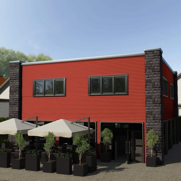 Gebouw met wandbekleding van golfplaat PF25W Koraalrood, toepassingsvoorbeeld