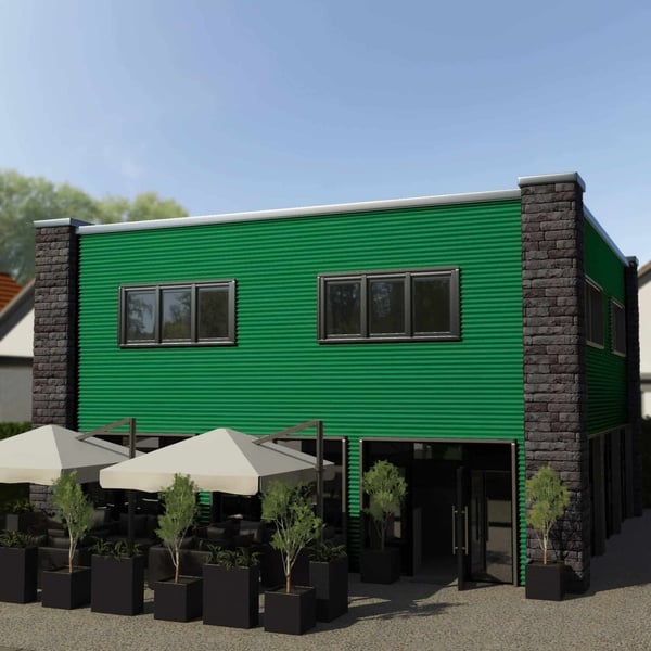 Gevelbekleding van mintgroene golfplaat PF25W op een gebouw met ramen en terras