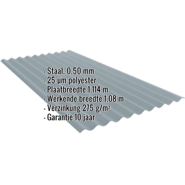 Golfplaat PF25W Pelsgrijs, 0,50 mm staal, met ingebedde specificaties