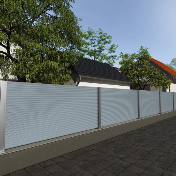 Omheining van golfplaat PF25W Pelsgrijs als privacyscherm in de tuin
