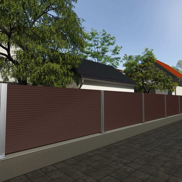 Schutting van golfplaat PF25W wand chocoladebruin, toepassingsvoorbeeld in de tuin