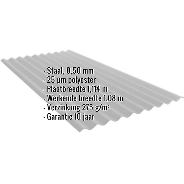 Golfplaat PF25W Zilver-Metallic met ingebedde technische gegevens zoals materiaal, dikte en coating