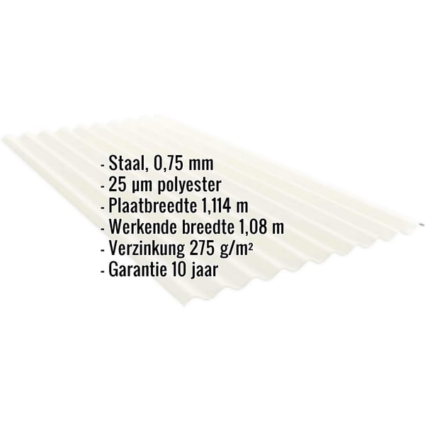 Golfplaat PF25W Grijswit (RAL 9002) met ingebedde productgegevens over materiaal, dikte en coating