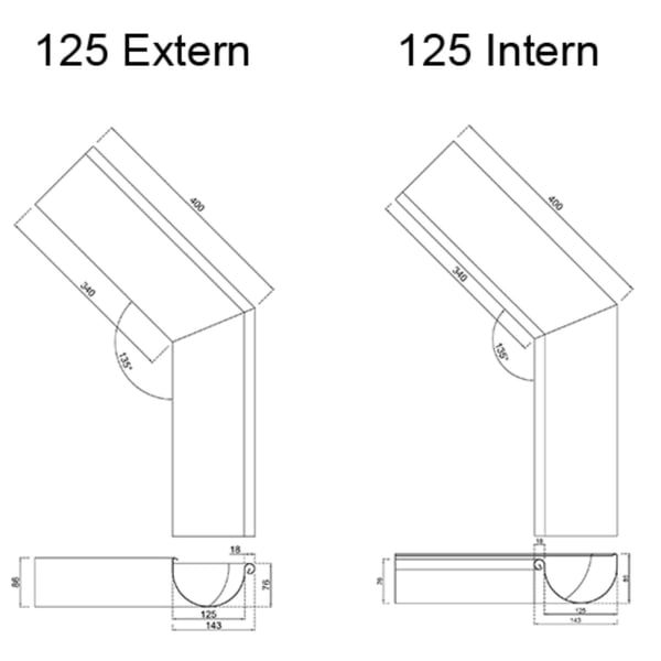 Technische tekening dakgoothoek 125 Extern en 125 Intern met afmetingen en 135 graden hoek