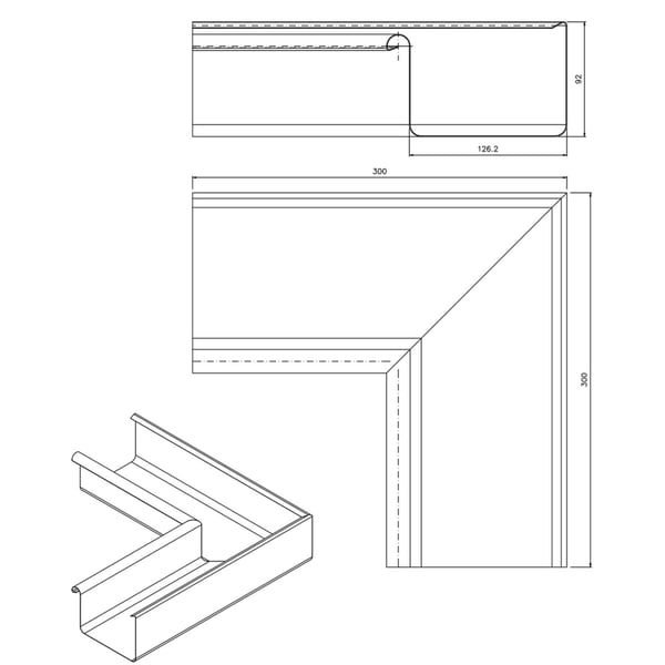 Technische tekening dakgoot binnenhoek 90 graden met afmetingen 300x300 mm en 92x126.2 mm
