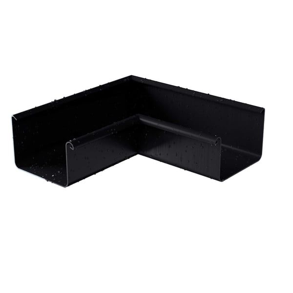 Dakgoot binnenhoek 90° van staal, Gitzwart RAL 9005, met waterdruppels op de polyurethaan coating