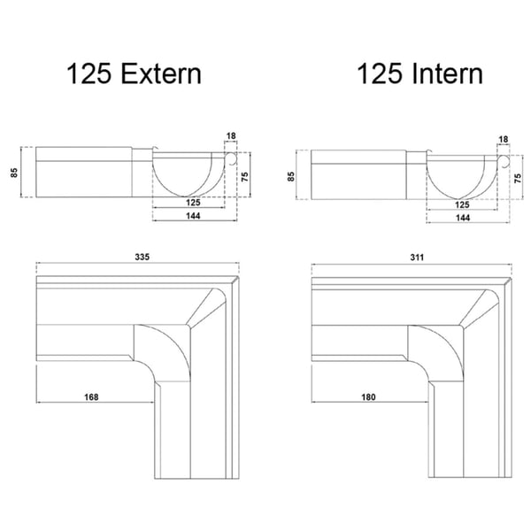 Technische tekening dakgoot binnenhoek 90 graden met afmetingen voor 125 Extern en 125 Intern