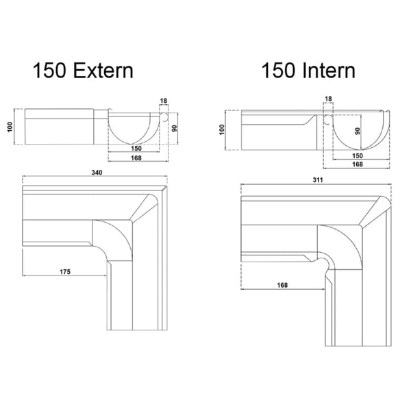 Technische tekening dakgoot binnenhoek 150 Intern en Extern met afmetingen