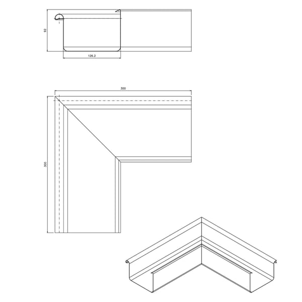Technische tekening dakgoot buitenhoek 90 graden met afmetingen 126,2 mm, 92 mm en 300 mm