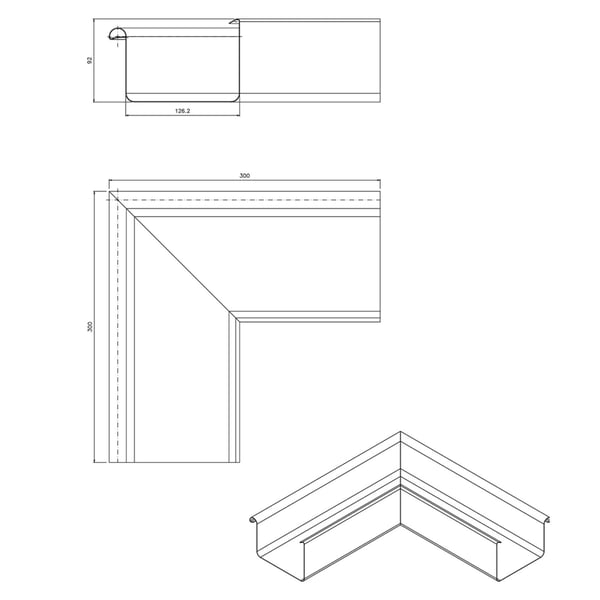Technische tekening dakgoot buitenhoek 90 graden met afmetingen 126,2 mm, 92 mm en 300 mm