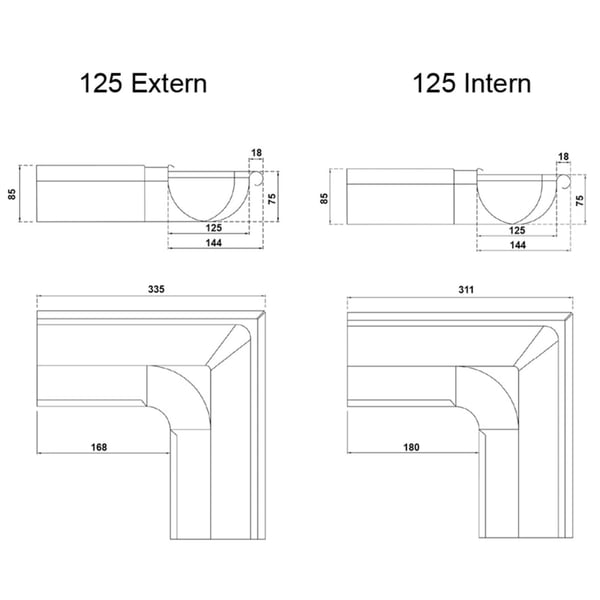 Technische tekening dakgoot buitenhoek en binnenhoek 125 mm met afmetingen