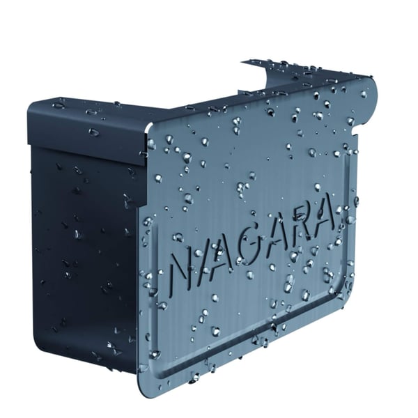 Dakgoot eindstuk links, Antracietgrijs (RAL 7016) met waterdruppels en Niagara logo
