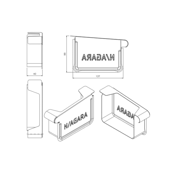 Technische tekening dakgoot eindstuk links met afmetingen 99 mm en 137 mm, Niagara logo