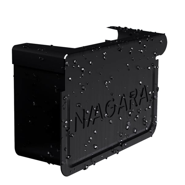 Dakgoot eindstuk links, staal Gitzwart RAL 9005 met waterdruppels en Niagara logo