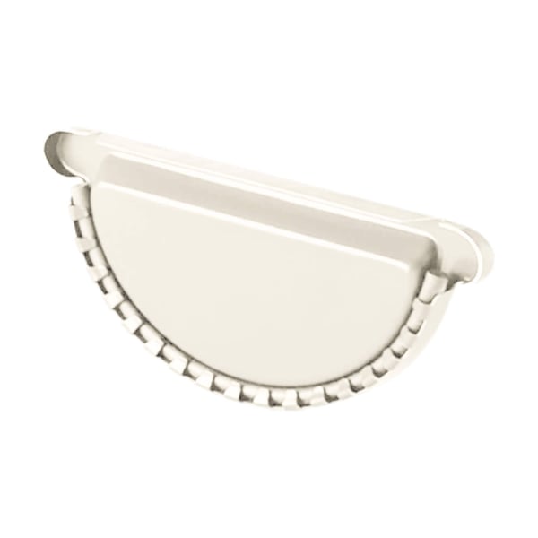 Rinnenendstuk van staal, zuiverwit (RAL 9010) met polyurethaan coating, detail van de geribbelde rand