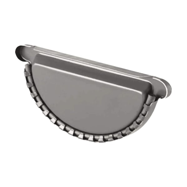 Rinnenendstuk van staal, grijs aluminiumkleurig (RAL9007), met 50 µm polyurethaan coating, onderaanzicht