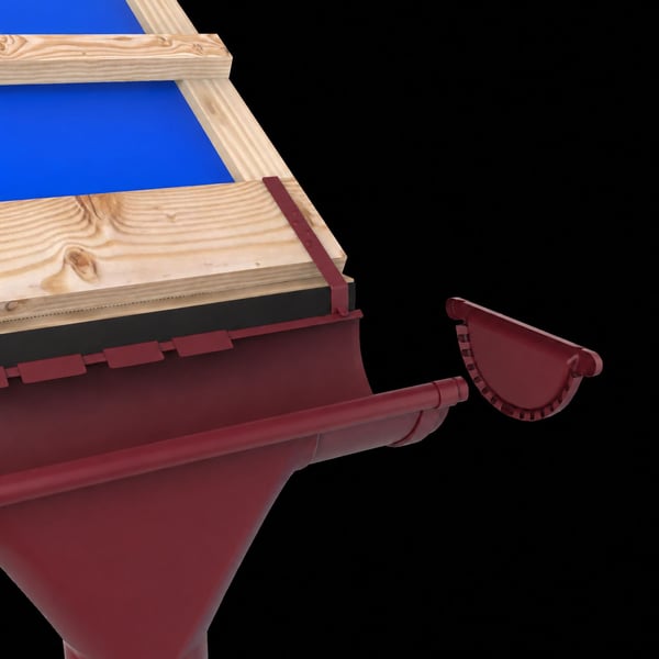 Kersrood dakgoot eindstuk in detail, gemonteerd aan een houten dakconstructie